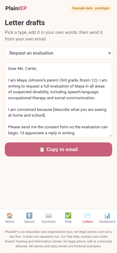 Letters screen